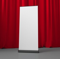 Blank vertical roll-up banner stand mockup on white background. Pull-up roller portable signage mock-up. White pop-up advertising display template. Roll up 3d ad banner on white background.