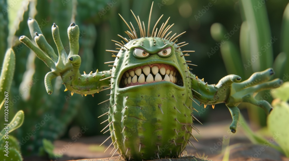 Poster a 3d animated cactus with sharp spines and an intense, threatening expression. ideal for fantasy, an