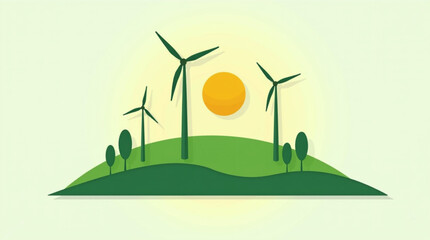 Fototapeta premium The Green Energy logo shows wind turbines and solar panels in a landscape of green hills with trees. Vector illustration