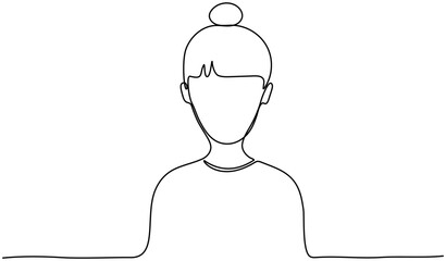 Continuous line drawing woman portrait. Female avatar linear empty frame. Vector illustration isolated on white.