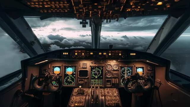 Experience a stunning perspective from the cockpit as clouds drift beneath the aircraft on a clear day, revealing a vast expanse of sky filled with varying cloud formations.