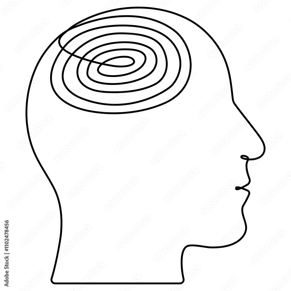 Poster head with order line thoughts continuous drawing line. mental health concept. unraveling thread of h