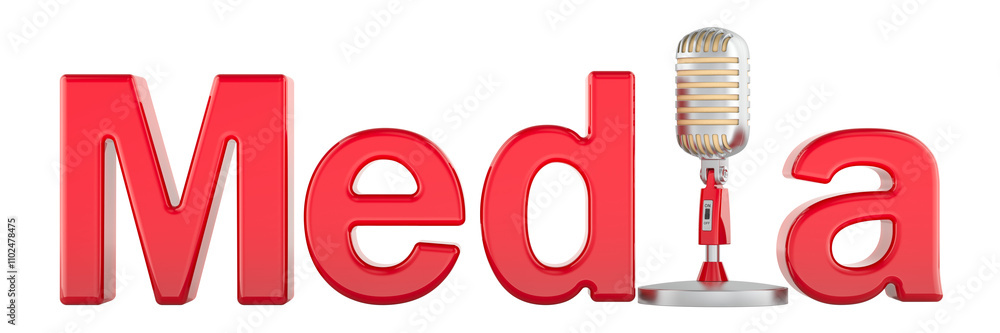 Poster media red inscription with microphone retro. 3d rendering isolated on transparent background
