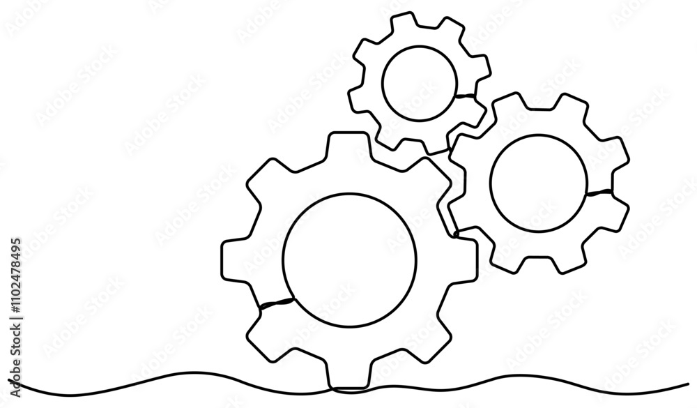 Poster three gears wheels continuous one line drawing. moving linear cog gears. teamwork concept. vector il