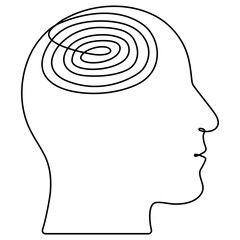 Head with order line thoughts continuous drawing line. Mental health concept. Unraveling thread of human thoughts. Psychotherapy work result. Vector illustration isolated on white.