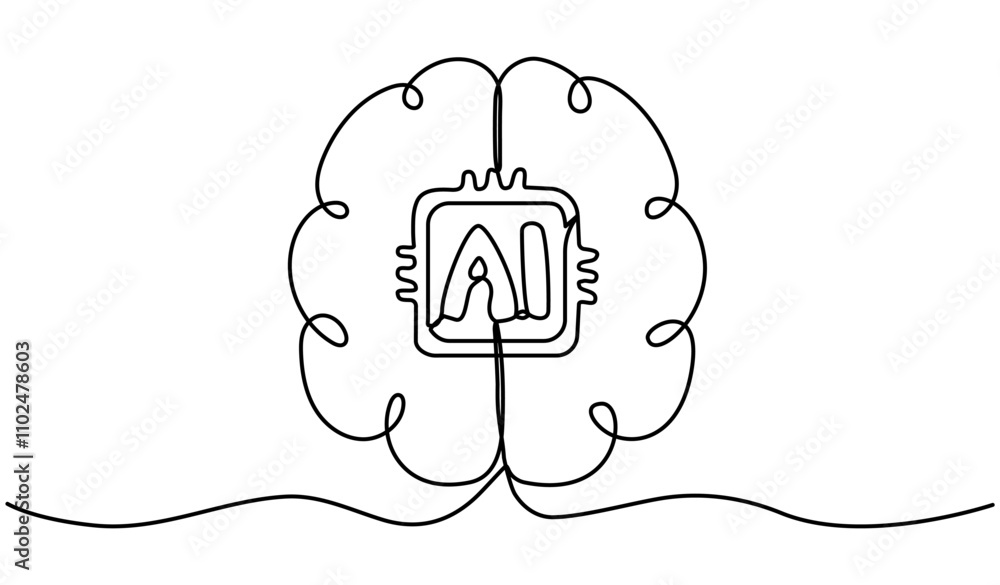 Poster continuous line drawing robot brain artificial intelligence technology. vector illustration isolated