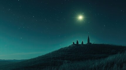 Silhouetted figures on a hilltop gazing at a bright star under a night sky.