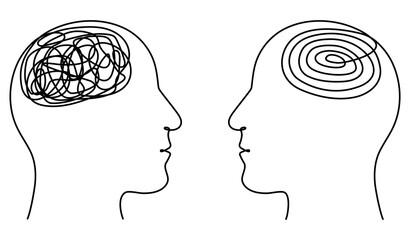 Mental health therapy concept. Two heads with chaos and order thoughts continuous line art drawn. Vector illustration isolated on white.