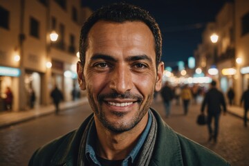Close portrait of a smiling 40s Moroccan man looking at the camera, Moroccan city outdoors at night blurred background
