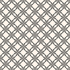 Elegant floral grid ornament. Vector abstract black and white geometric seamless pattern with mesh, lattice, flower silhouettes, curved lines. Simple monochrome background texture. Repeated geo design