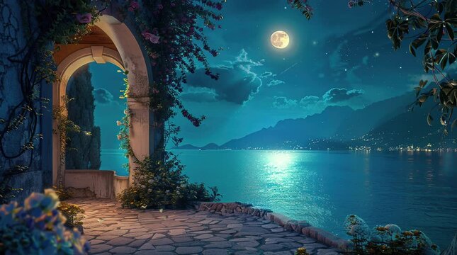 Tranquil lake under full moon viewed from a balcony with a block gate  
Seamless looping 4k time-lapse virtual video animation Generated AI