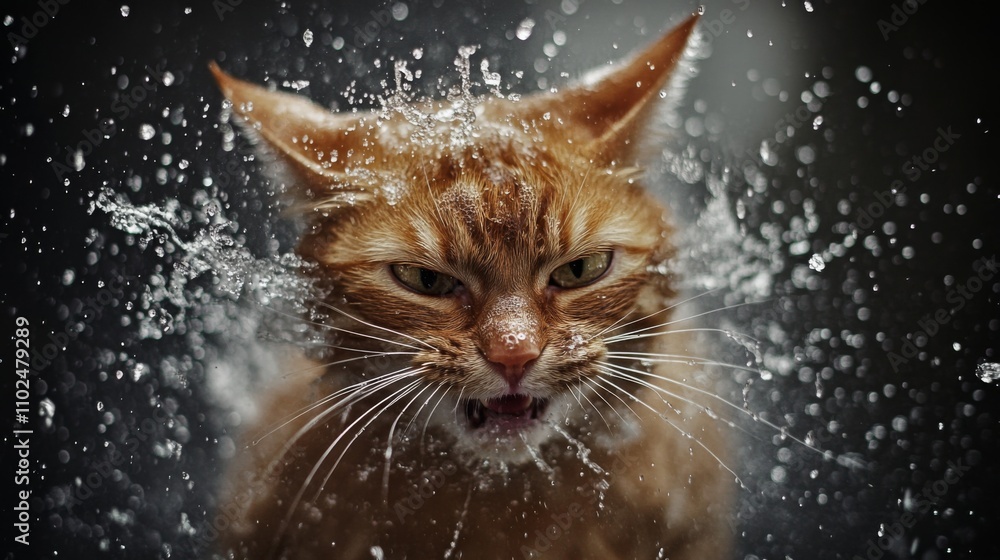 Poster angry orange cat in splashing water creating dramatic scene