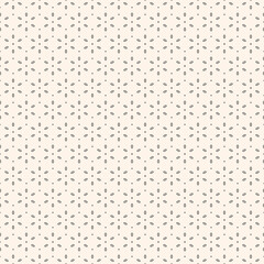 Abstract minimal seamless pattern with small flower geometric shapes, tiny snowflake silhouettes. Vector minimalist black and white floral background. Simple elegant texture. Repeating geo design