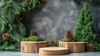 Fototapeta premium Christmas tree background with wooden podiums for product presentation, concrete wall, greenery, and pine cone decorations.