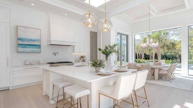 Bright and airy coastal kitchen featuring light wood cabinetry and seafoam accents