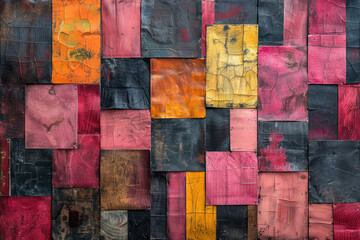 mosaic consisting of squares and rectangles of leather pieces of different sizes and colors.  