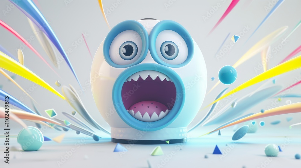 Poster a round white cartoon character with a shocked expression is surrounded by dynamic, colorful shapes,