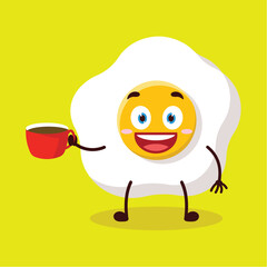 cute cheerful expression of fried egg cartoon character carry cup of coffee