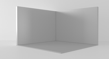 Fototapeta premium Booth 3d corner. Square corner. 3D exhibition booth. Showroom. Empty geometric square. Blank box template. White blank exhibition stand. Presentation event room.