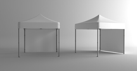 White event tent mockup. Marquee canopy stand. 3d isolated outdoor commercial exhibition pavilion. Festival awning for branding mock up. Advertising and promotional booth material