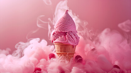 Pink raspberry ice cream in a waffle cone decorated with berries on a pink background, shrouded in smoke with a place for text. Advertising berry natural delicious ice cream. Ice cream in smoke