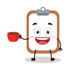 cute cheerful expression of clipboard cartoon character carry cup of coffee
