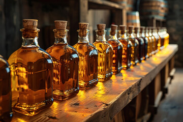 a wooden surface is captured on which seven glass bottles of different colors filled with liquids stand side by side.