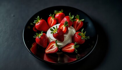 Fresh Strawberries Arranged on a Plate With Whipped Cream Swirls for Dessert