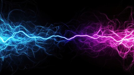 Fototapeta premium A dynamic abstract design of neon blue and purple electric lines crisscrossing against a deep black background, creating a futuristic, pulsating energy effect with glowing intersections.