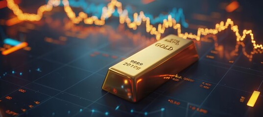 Gold Bar on Business Background with Charts, Trading Investment, Financial Concept. 3D Illustration