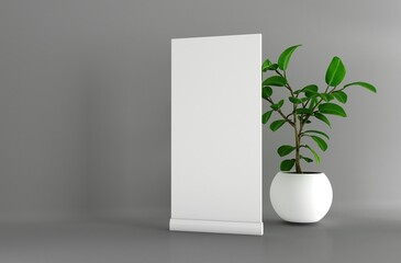 Blank vertical roll-up banner stand mockup on white background. Pull-up roller portable signage mock-up. White pop-up advertising display template. Roll up 3d ad banner on white background.