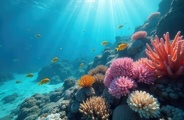 Obraz premium A vibrant underwater scene filled with colorful corals and diverse marine life. Sunlight filters through the surface, illuminating the coral reef and creating a calm ocean environment.