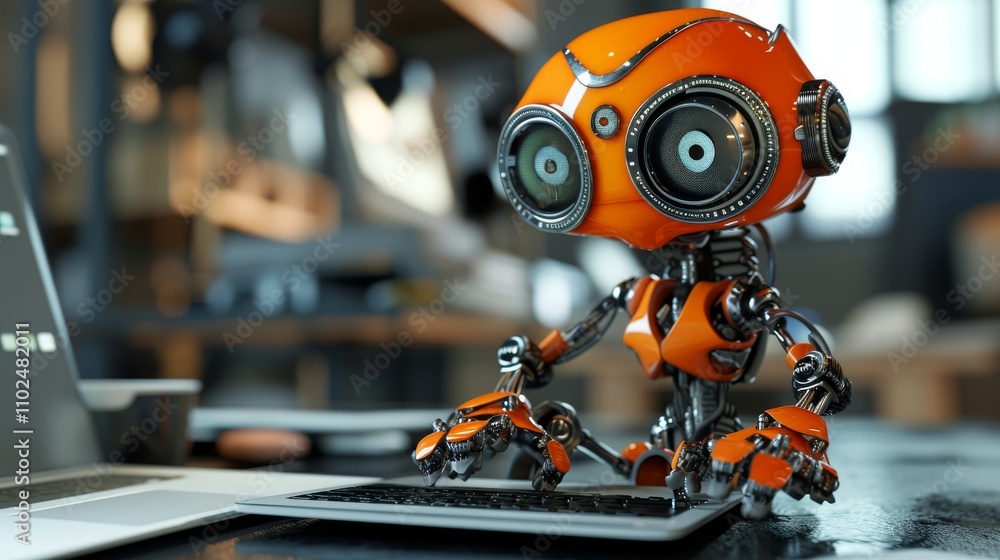 Poster a small orange robot focuses on typing on a keyboard, surrounded by modern technology, representing 