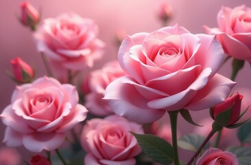 Fototapeta premium Composition of delicate pink roses on a pink background. Screensaver.