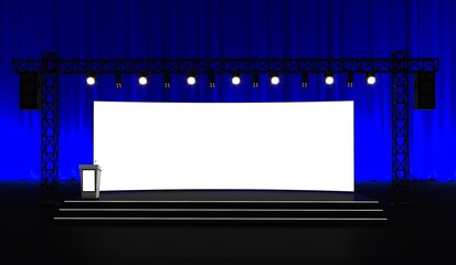 Curve Stage design. Conference Stage Designs. Meeting event scene, party scene design. Empty stage design for mockup and corporate identity, display. Platform elements in hall. 