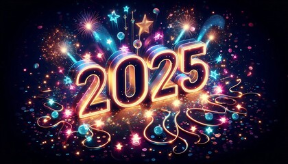 2025 new year celebration neon numbers