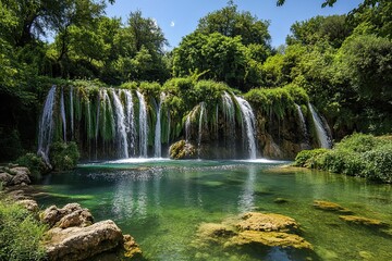 Fototapeta premium Lush green waterfall cascades into clear pool.