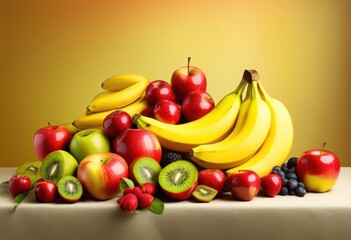 Naklejka na ściany i meble vibrant assortment colorful fruits floating gracefully neutral background creating inviting visual contrast, apple, orange, banana, grape, kiwi, mango