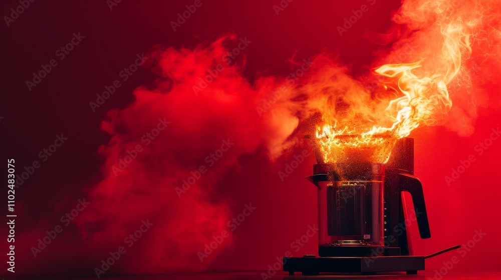 Poster An AI-generated illustration of a coffee maker releasing a burst of flames and smoke, set against a deep red background. The image conveys a sense of chaos and urgency, making it ideal for abstract