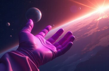 A close-up of a person's hand in a purple glove reaching out to a bright planet against a background of stars and distant celestial bodies