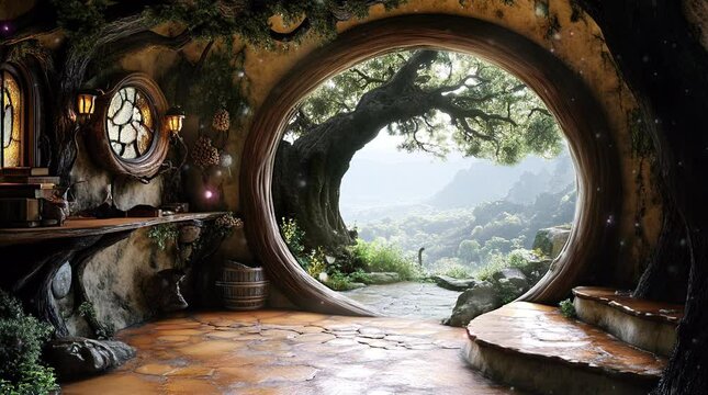 Fantasy house with a round window in a lush landscape on a sunny day, dreamy fairytale setting  
Seamless looping 4k time-lapse virtual video animation Generated AI