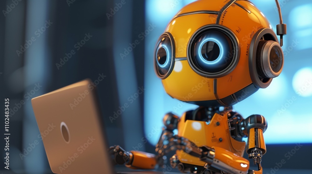 Poster a bright orange robot operates a laptop, blending technology and ai, set in a modern digital environ