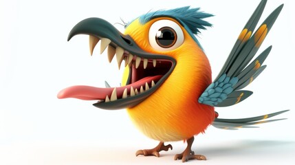 A whimsical and brightly colored cartoon bird with oversized eyes, sharp teeth, and a playful expression. This quirky character is both adorable and fierce. AI generated.