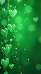 Green hearts hanging on a green background. Valentine's Day screensaver