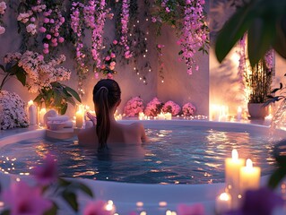Woman relaxing in candlelit floral bath.