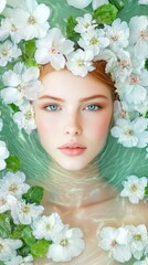 A woman with red hair surrounded by white flowers floats serenely in water, AI