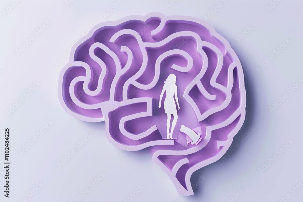 Poster a woman navigating a maze inside a brain shape, symbolizing decision-making and problem-solving. jou