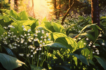 a secluded area of forest is captured in the soft rays of the rising sun.  