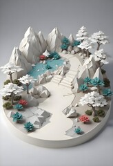 Cute origami japanese rock garden 3d isometric render in papercut style