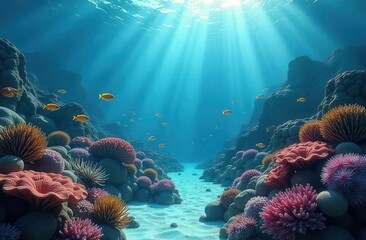 Naklejka premium A vibrant underwater scene filled with colorful corals and diverse marine life. Sunlight filters through the surface, illuminating the coral reef and creating a calm ocean environment.